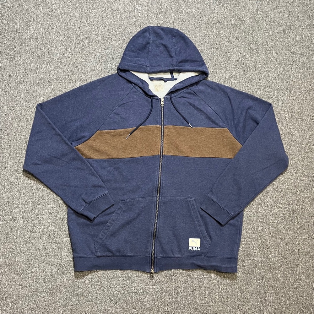 Puma Full Zip Hoodie Size L Blue Brown Stripe Raglan Sportswear Sweatshirt